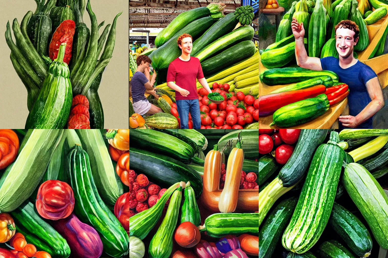 Prompt: mark zuckerberg as a zucchini, vegetable market stand in the background, digital painting by arcimboldo and albert puig