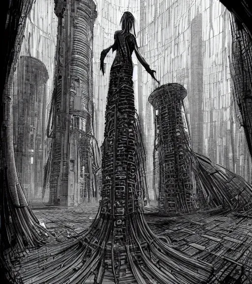 Prompt: tarkovsky scene, epic ancient tower of babylon below a woman in transparent cyber clothing, hyperrealistic, blame, manga style, by tsutomu nihei, cyber architecture, concept art, hyper - detailed, smooth, masterpiece, epic, cinematic, high quality