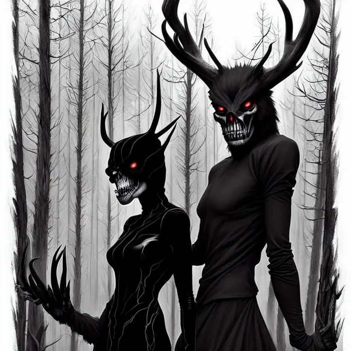 Image similar to style artgerm, joshua middleton, diego fazio, gerald brom, scary wendigo with antlers and skull face mixed with werewolf : : [ beautiful witch wearing a black dress on the right side ] : : in the forest, detailed, dark and foggy, cinematic lighting