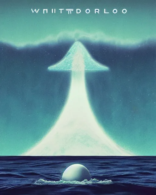 Image similar to a person wearing a white cloak standing in the water. a large planet is overhead. an album cover by stanley twardowicz, trending on cg society, retrofuturism, retrowave, chillwave, synthwave