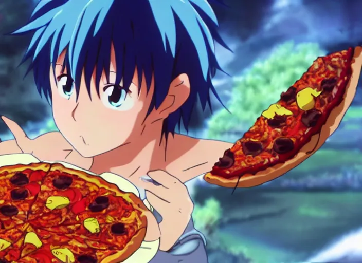 Image similar to anime film still of a dragon eating a pizza, 8 k