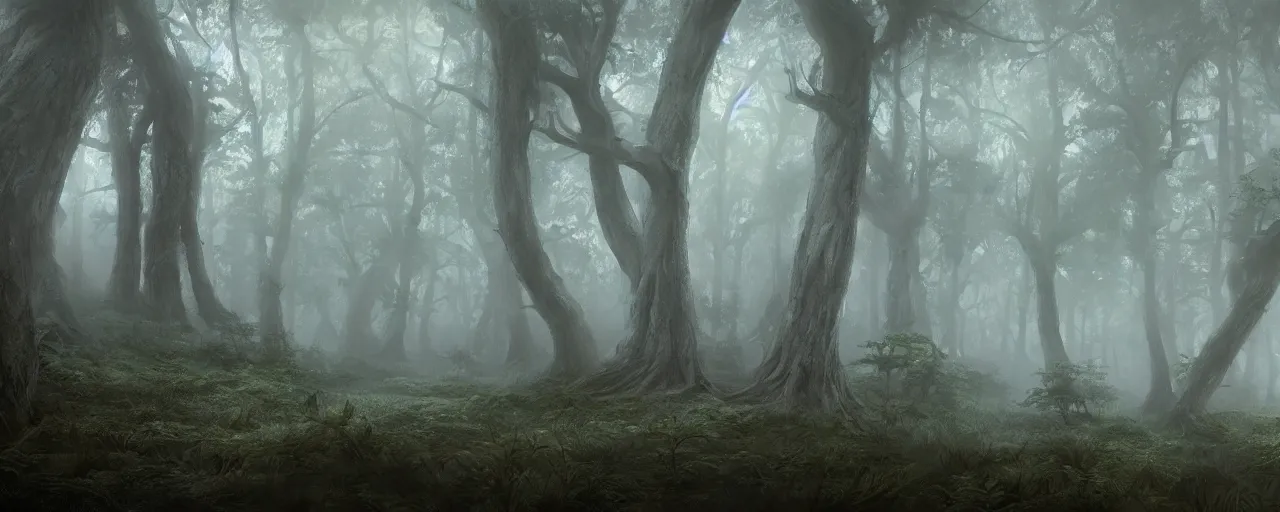 Prompt: a painting of a tree in a foggy forest, a detailed matte painting by senior environment artist, cgsociety, fantasy art, cryengine, matte painting, volumetric lighting