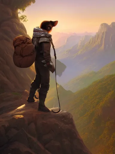 Prompt: an adventurer with his dog. near a precipice the sun and mountains on the background., intricate, elegant, highly detailed, digital painting, artstation, concept art, sharp focus, illustration, by justin gerard and artgerm, 8 k