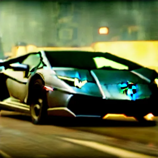 Image similar to A cinematic film still of a Lamborghini in the movie Blade Runner: 2049.