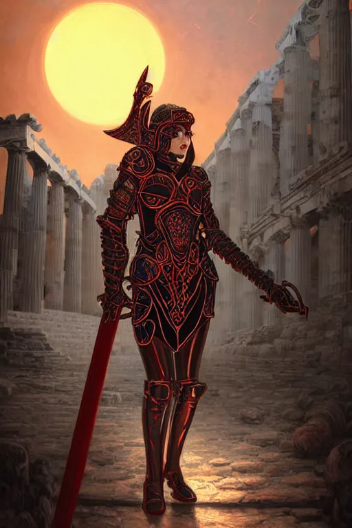 Prompt: portrait knights of Zodiac girl, metallic black and red color reflected armor, in ruin Agora of Athens sunset, ssci-fi, fantasy, intricate, natural atmosphere, cinematic lighting, elegant, golden light, highly detailed, digital painting, concept art, smooth, sharp focus, illustration, art by NIXEX and loish and greg rutkowski and tian zi and alphonse mucha and WLOP