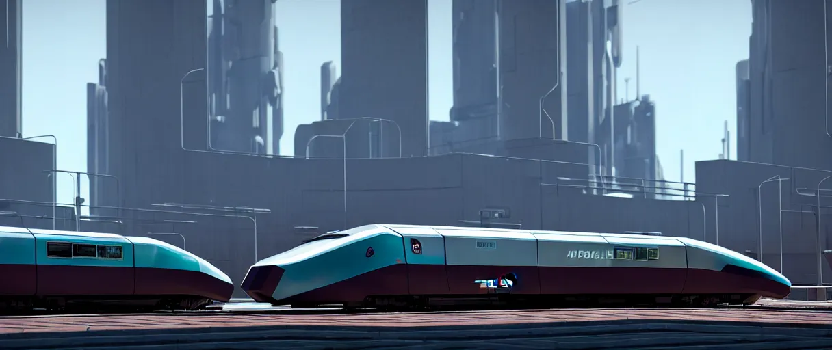 Prompt: futuristic city center with 890J maglev train in background, modern landscape architectural design for brutalist industrialpunk black concrete and glass, train with maroon, white and teal metallic accents, gorgeous lighting, golden hour, cyberpunk, 2077, dramatic lighting and composition, photography, 8k, origin 100i, star citizen concept art, single line, golden ratio, minimalistic composition, side profile, Tokyo, JR sc Maglev