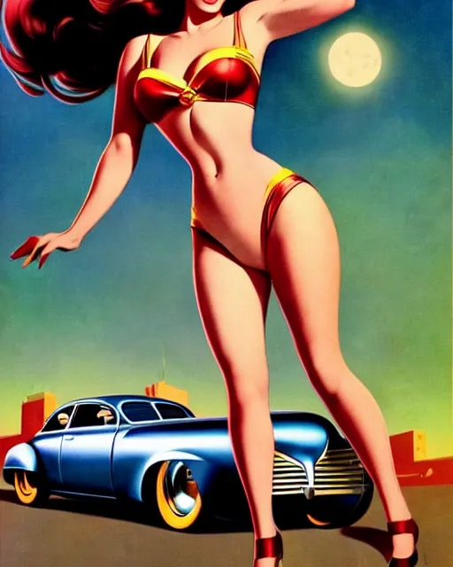 Image similar to beautiful retro space megan fox varga girl posing on a car in diesel punk city, windblown dark hair, retro pinup model, seductive, 1 9 4 0, hyper detailed, digital art, smooth, sharp focus, gil elvgren, anna dittmann alberto vargas,
