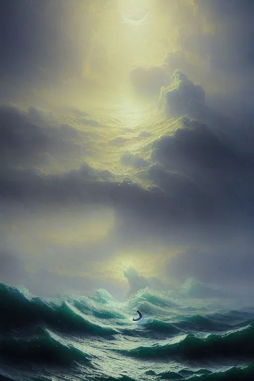 Image similar to Intricate stunning highly detailed water deity emerging from a stormy ocean by Ivan Aivazovsky, agostino arrivabene, Greg Rutkowski , surreal, digital painting, ultra realistic, beautiful lighting, full moon, thick swirling tornado, artstation