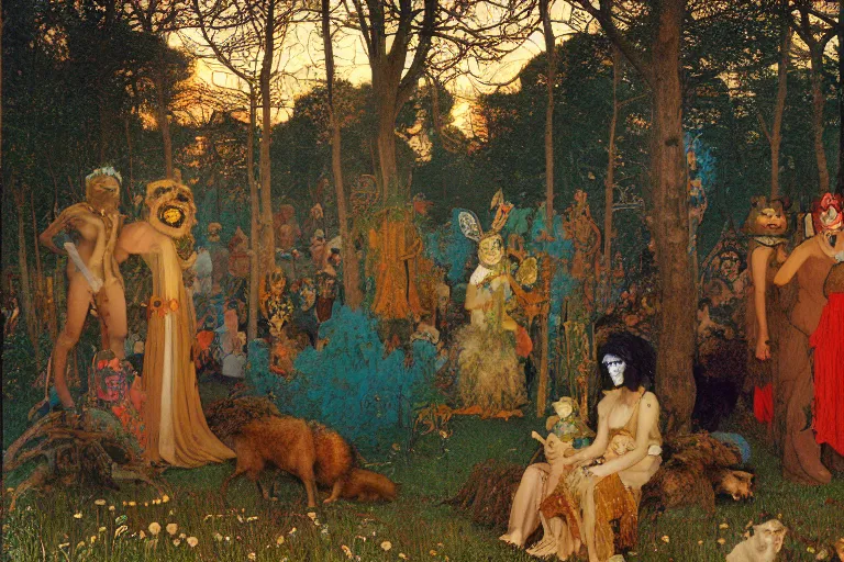 Image similar to autochrome of a midsummernight's dream renaissance forest festival at sunset with masks of wolves and sheep in the style of, jugendstil, alma tadema, vaughn bode and maxfield parrish, maurice sendak and arzach by moebius