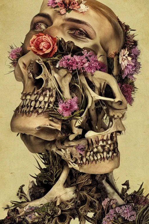 Image similar to a man with large eyes and lips laying in bed of bones of flowers, he feels an existential dread of love, fleshy muscles, HD Mixed media, highly detailed and intricate, surreal illustration in the style of Caravaggio, baroque dark art