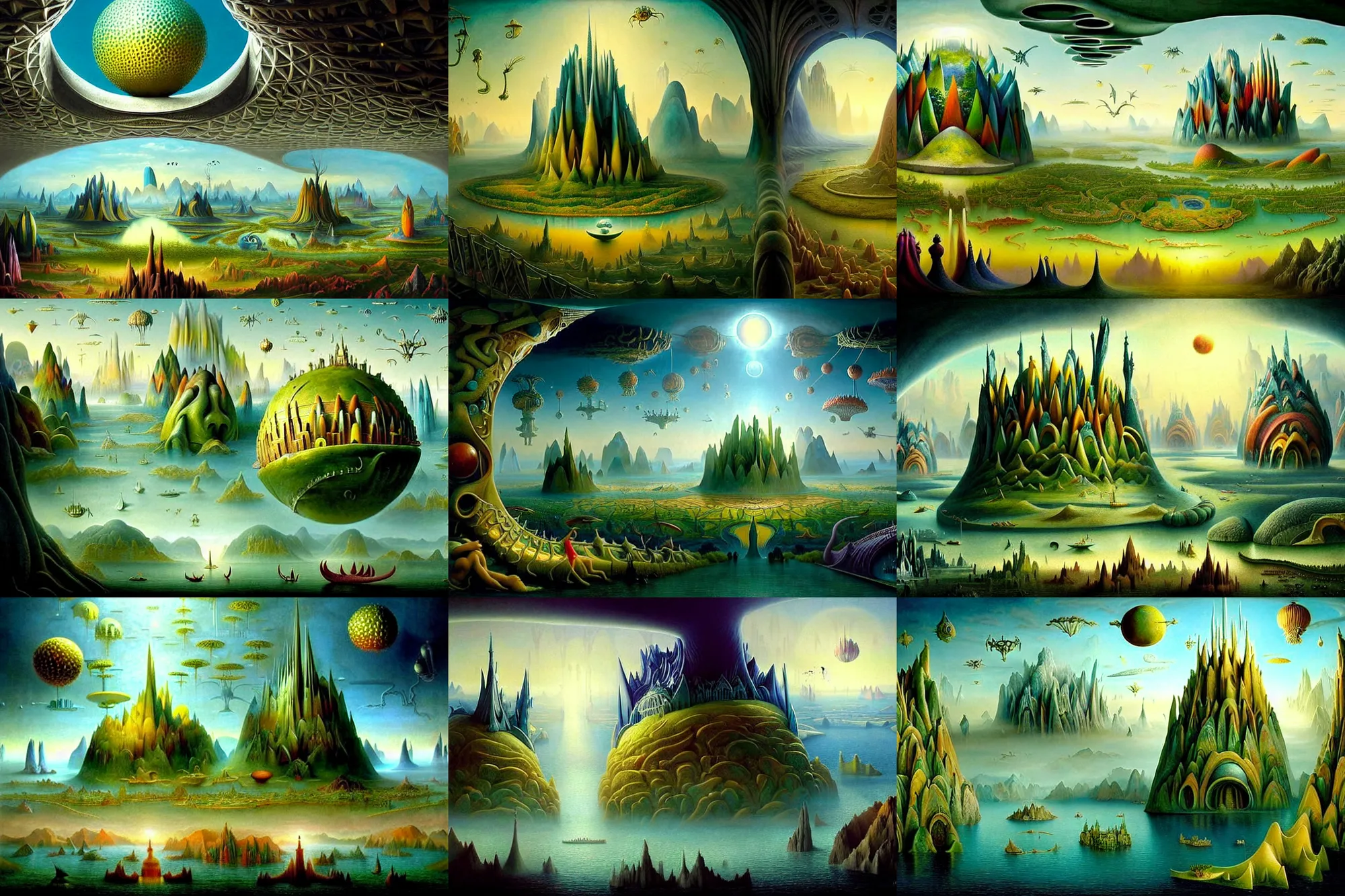Prompt: a beautiful epic stunning amazing and insanely detailed matte painting of alien dream worlds with surreal architecture designed by Heironymous Bosch, mega structures inspired by Heironymous Bosch's Garden of Earthly Delights, vast surreal landscape and horizon by Asher Durand, rich pastel color palette, masterpiece!!, grand!, imaginative!!!, whimsical!!, epic scale, intricate details, sense of awe, elite, fantasy realism, complex composition, 4k post processing