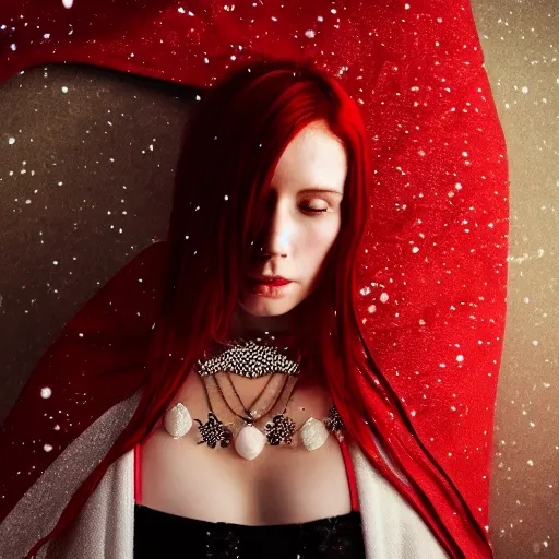 Prompt: winter night, snow, beautiful red haired pale woman wearing bikini top and long cloak, diamond necklace, long hair, symmetric face, single face, full body, photography, octane render, cinematic, 3 0 mm