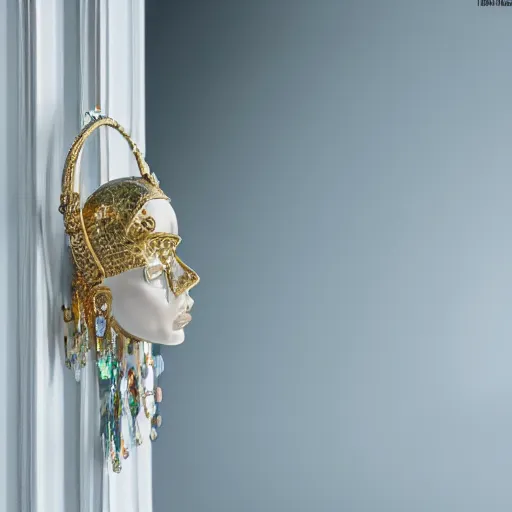 Image similar to an ultra high definition professional studio quality photograph of a transparent iridescent perspex pastel coloured ornate head dress on a white coat hook in an empty white room. dramatic lighting, ray tracing, refraction, shallow d. o. f, colour corrected, golden ratio, three point light. volumetric shadows..