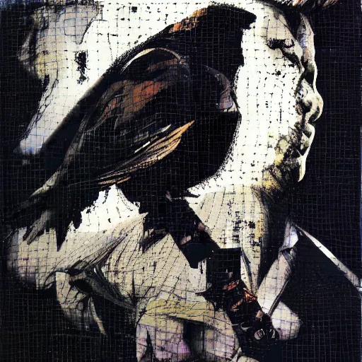 Image similar to the progressive rasterization of a bird from mechanical being to pixels, oil on canvas by dave mckean and yoji shinkawa and ivan shishkin