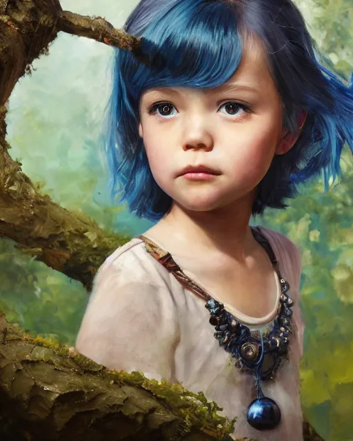 Prompt: a highly detailed oil painting of A little girl, in professional makeup, with medium length blue hair covering an eye, and a tall tree, and large obsidian crystals, cinematic lighting, dramatic atmosphere, by Dustin Nguyen, Akihiko Yoshida, Greg Tocchini, Greg Rutkowski, Cliff Chiang, 4k resolution, trending on artstation