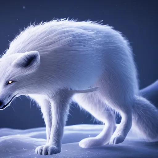 Image similar to A mythical polar fox made of ice crystalst:: hyper realistic, octane render, cinematic, dramatic lighting shadows, detailed illustration, 8k, intricate details