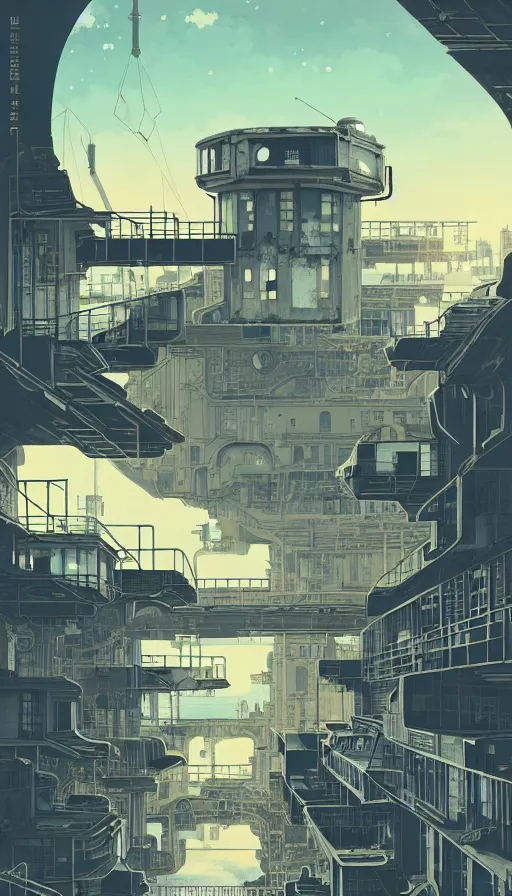 Image similar to a beautiful detailed anime illustration of navy fort urbex industrial architecture unfinished building building architecture city by federico babina, at dawn nature landscape cgsociety fisheye lake partly sunny futuristic alien matte painting, archdaily, wallpaper, highly detailed, trending on artstation.