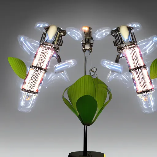 Image similar to a cybernetic, metallic, reflective orchid flower, LED lights, glowing, unreal engine
