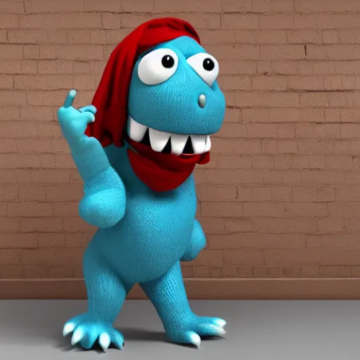 Image similar to a friendly monster wearing a scarf and a pair of vans, 3 d render