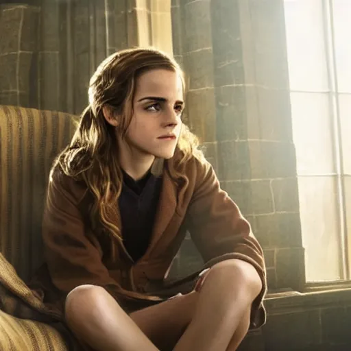 Image similar to Still of Emma Watson as Hermione Granger sitting back and relaxing in her favorite chair. Prisoner of Azkaban. During golden hour. Extremely detailed. Beautiful. 4K. Award winning.