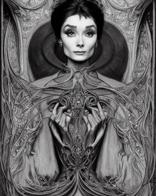 Image similar to matte painting portrait shot, beautiful audrey hepburn, gothic detailed and intricate by jean delville, gustave dore and marco mazzoni, art nouveau, symbolist, visionary, gothic, pre - raphaelite