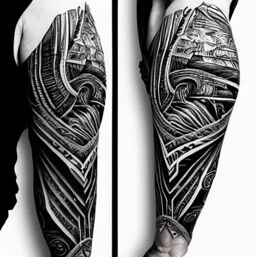 Image similar to Modern sleeve tattoo of norse mythology, surrealism, line art, black and white, intricate patterns,