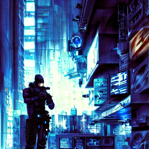 Image similar to cyberpunk hunter, atmospheric lighting, painted, intricate, blue and grey hour, ultra detailed by simon bisley