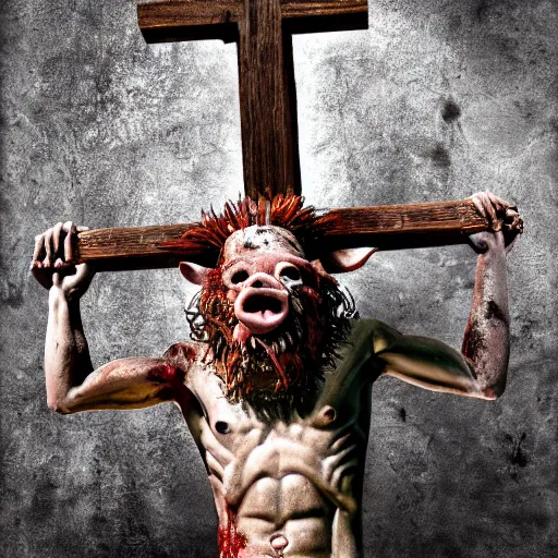 Image similar to a highly detailed realistic photographic render crucified swine god, humanoid pig, bloody christ with the head of a pig, dead souls, religious sculpture, creepy, horror, horror scene, cinematic horror, creepy horror, scary scene, cinematic lighting, cinematic scene, Volumetric lighting, Atmospheric scene, Dark, Horror, Atmospheric lighting, Global illumination, realistic, photo realism, hyper realistic, hyper realism, photo realisitc, cinematic render, film, beautifully lit, ray traced, octane 3D render, octane render, unreal engine