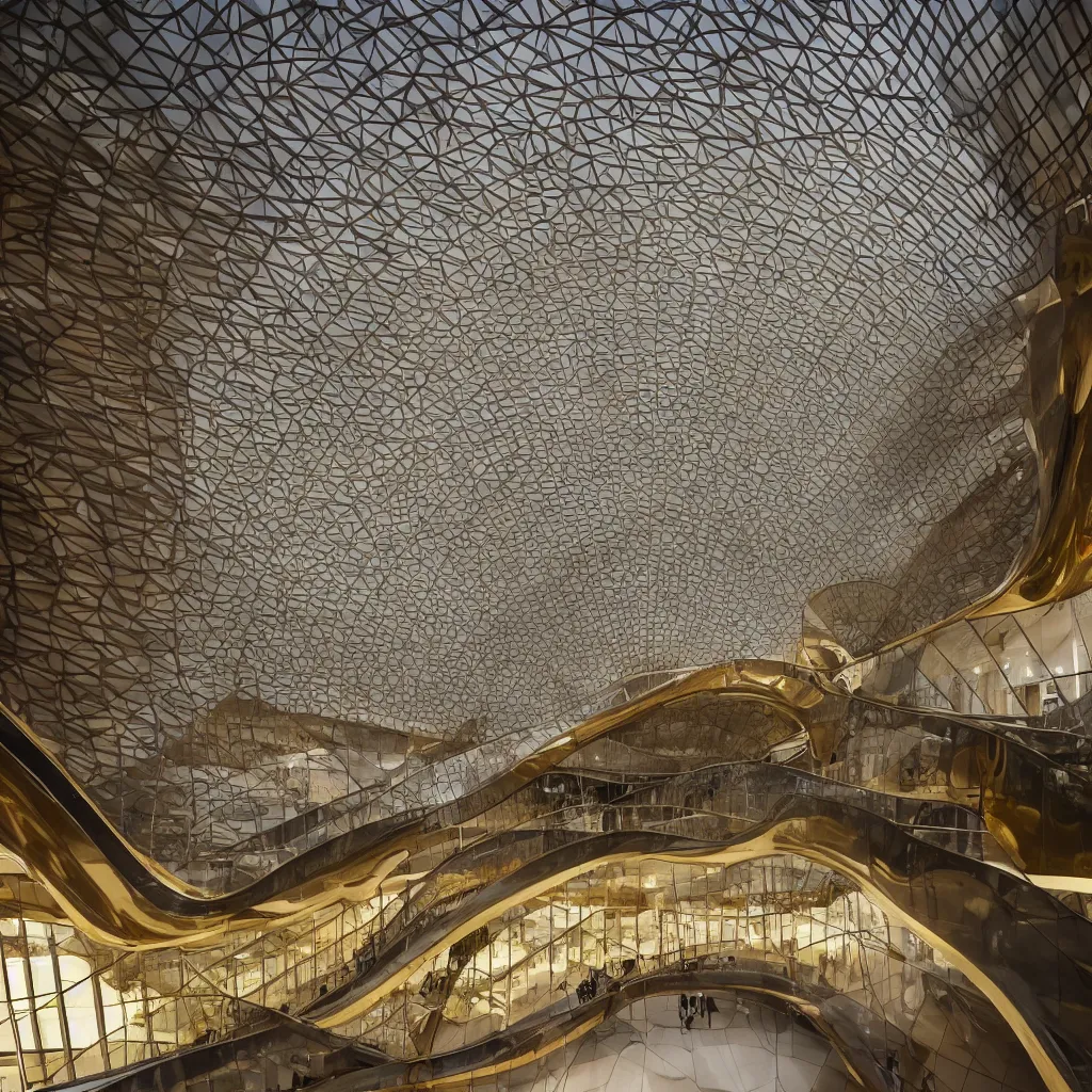 Image similar to “ the interior atrium hall of the museum of emotions designed by highly sculptural hyperbolic boolean surfaces, a sculptural staircase done in gold floats up to a skylight, highly detailed in 4 k ”