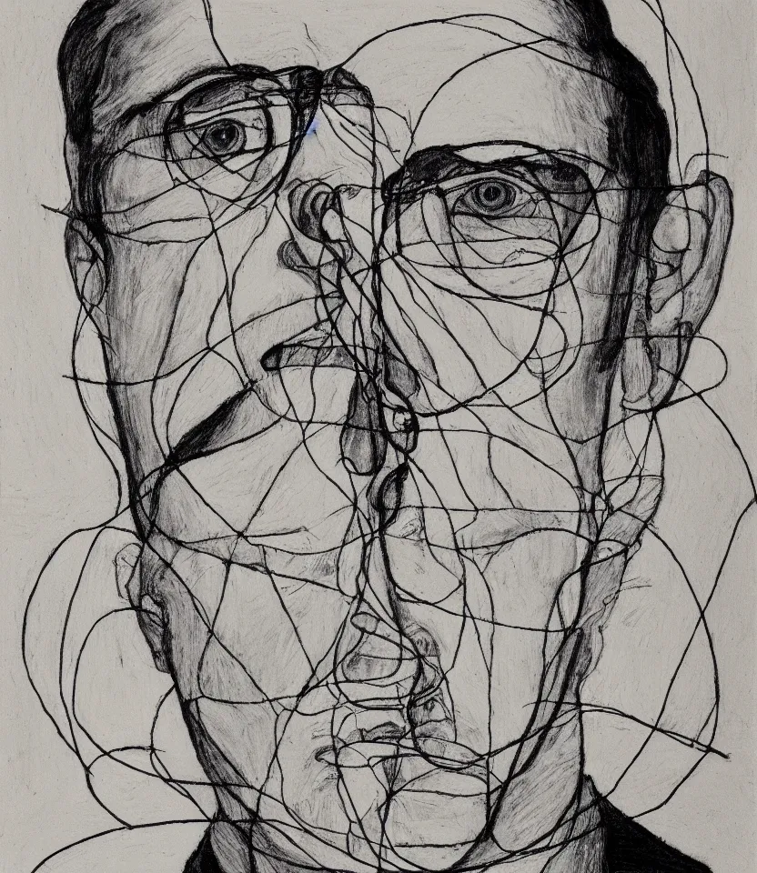 Image similar to elegant ultrafine line art portrait of german writer hermann hesse, inspired by egon schiele. contour lines, musicality, twirls and curves, strong personality