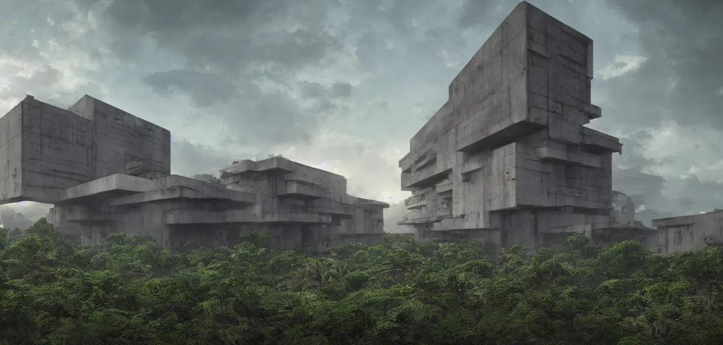 Image similar to simple brutalist architecture, surrounded by lush green vegetation, stunning volumetric lighting, sunset, metal, concrete, translucent material, stunning skies, 8k, photorealistic, hyper detailed, unreal engine 5, IMAX quality, cinematic, epic lighting, digital painting in the style of DOOM, by Greg Rutkowski, trending on Artstation