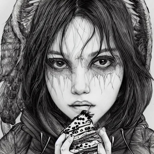 Image similar to portrait of a grungy girl, wearing a hoodie and sweatpants, symmetrical wings made of pizza, basic white background, symmetrical, watercolor, pen and ink, intricate line drawings, by Yoshitaka Amano, Ruan Jia, Kentaro Miura, Artgerm, detailed, trending on artstation, hd, masterpiece,