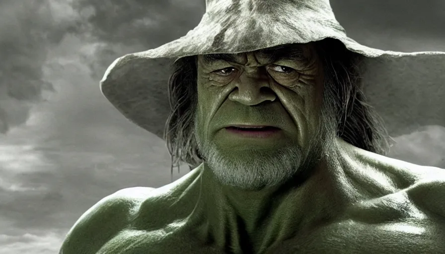 Image similar to the hulk starring as gandalf in lord of the rings, staff, white beard,, cnn news footage.