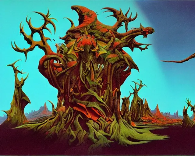 Image similar to roger dean 1 9 8 0 s heavy metal imagery satanic symbolism, illustration art, album art