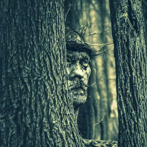 Prompt: A dark creepy man with bright eyes hiding behind a tree in the woods at night staring, closeup