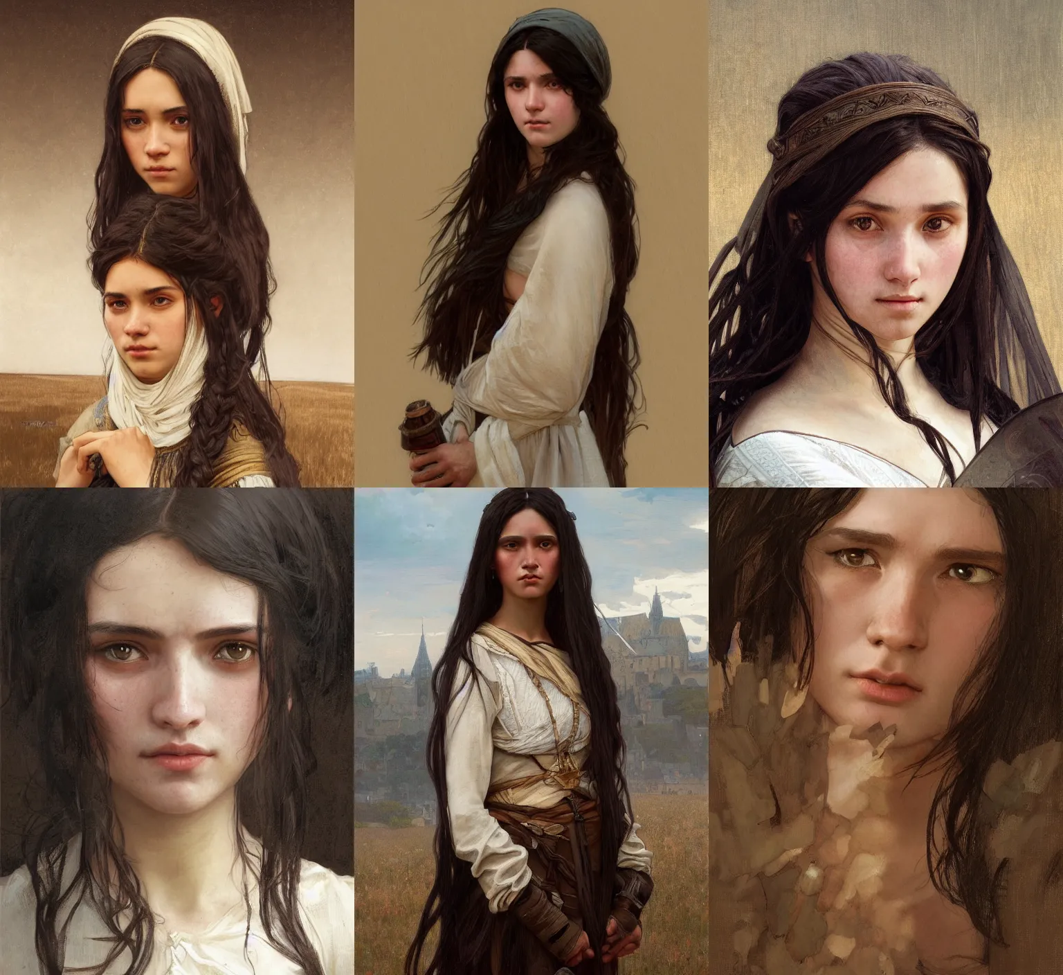 Prompt: half-length portrait of a 20-year-old female peasant with long black hair and brown eyes, white skin, confused expression, medieval setting, highly detailed, digital painting, artstation, concept art, sharp focus, illustration, art by greg rutkowski and alphonse mucha