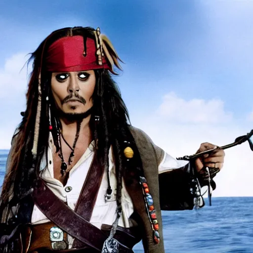 Image similar to Tommy Wiseau as Captain Jack Sparrow, film still from Pirates of the Caribbean, detailed, 4k