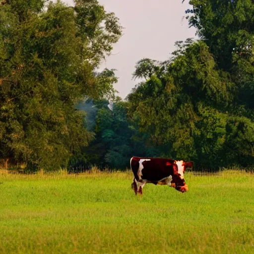 Prompt: cow running from a cage to a countryside