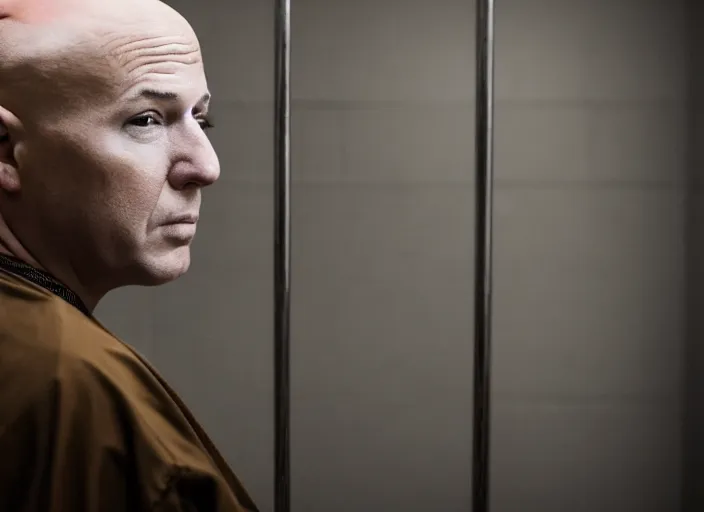 Image similar to photo of bald!!! donald trump!!! shaved head no hair!!! no hair!!! sitting in a jail cell wearing an orange jumpsuit, defocused bars in the foreground, 8 k, 8 5 mm f 1. 8