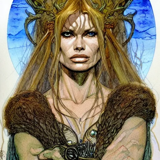 Image similar to a realistic and atmospheric watercolour fantasy character concept art portrait of brigitte bardot as a druidic warrior wizard looking at the camera with an intelligent gaze by rebecca guay, michael kaluta, charles vess and jean moebius giraud