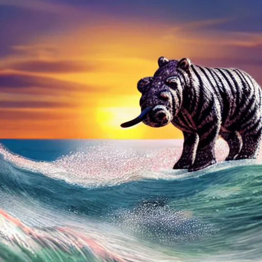 Image similar to a closeup photorealistic photograph of a cute smiling knitted tiger hippopotamus riding a large wave at sunset. surf in the background. professional capture. brightly lit scene. this 4 k hd image is trending on artstation, featured on behance, well - rendered, extra crisp, features intricate detail, epic composition and the style of unreal engine.