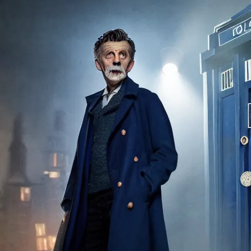 Image similar to tom holland as a rough dirty old man with a scruffy beard in a dark blue trenchcoat as the new doctor who, cinematic, volumetric lighting, f 8 aperture, cinematic eastman 5 3 8 4 film, photorealistic