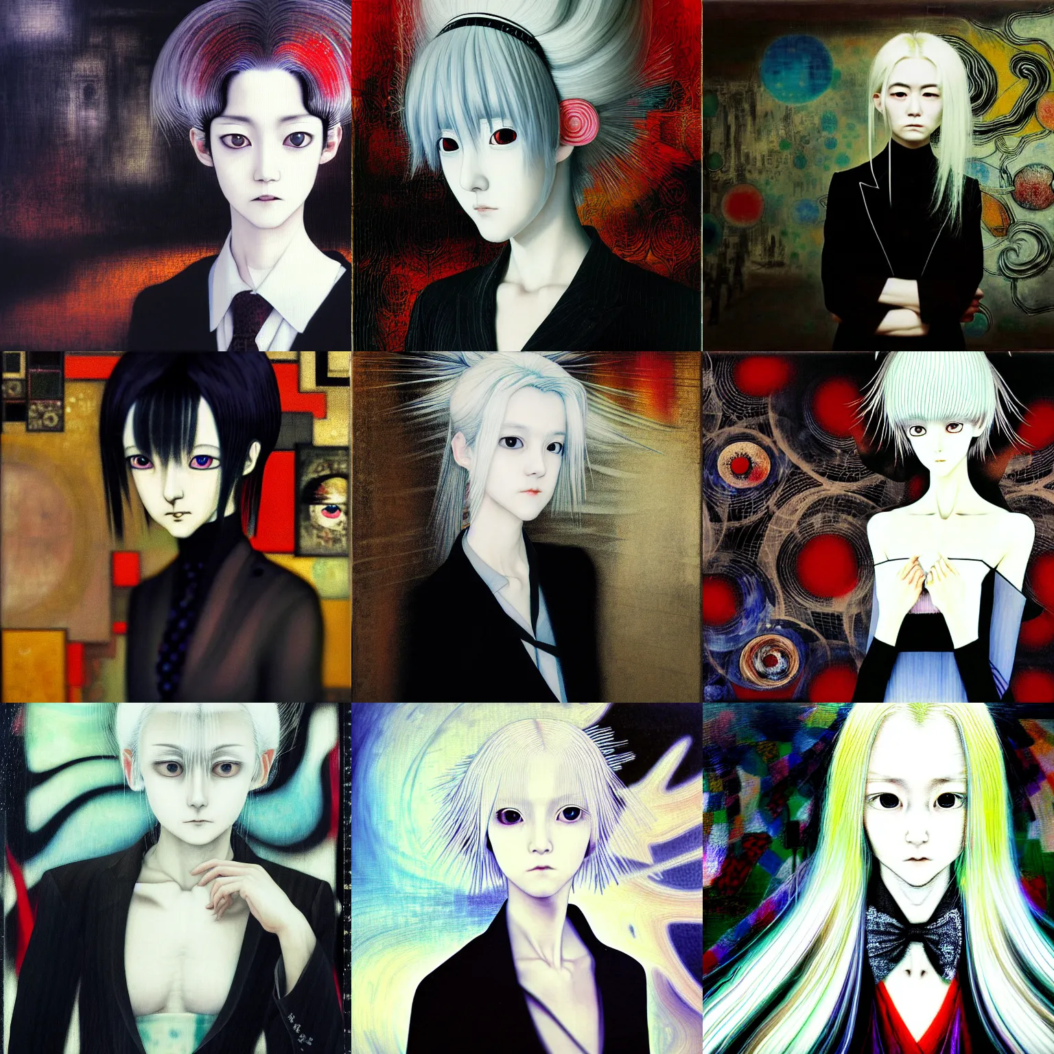 Image similar to yoshitaka amano blurred and dreamy realistic three quarter angle portrait of a young woman with white hair and black eyes wearing dress suit with tie, junji ito abstract patterns in the background, satoshi kon anime, noisy film grain effect, highly detailed, renaissance oil painting, weird portrait angle, blurred lost edges