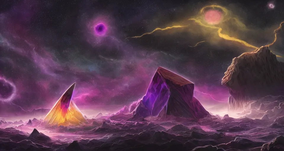 Image similar to black lovecraftian eldritch!! obsidian! pyramid!! surrounded by dark sea, cosmic purple space!, bright stars, nebula, sky background by eugene von guerard, ivan shishkin, night, concept art, trending on artstation, 8 k