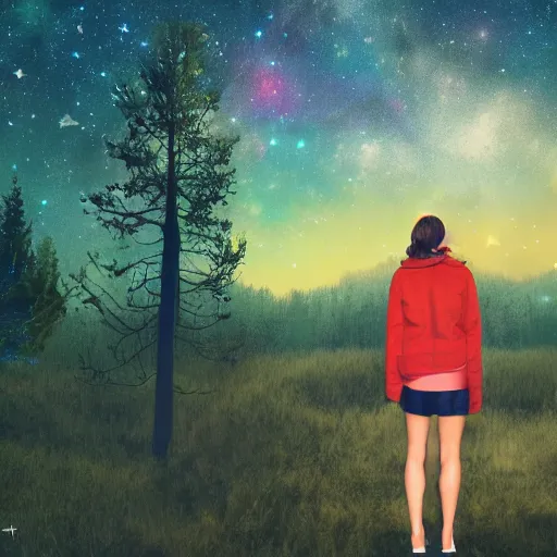 Image similar to an hd photo of a young woman with short brown hair, background of beautiful trees and night sky with colorful stars and galaxies, trending on artstation