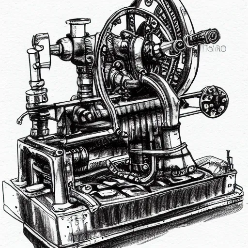 Prompt: sketch of steam punk machinery, fountain pen, white background,