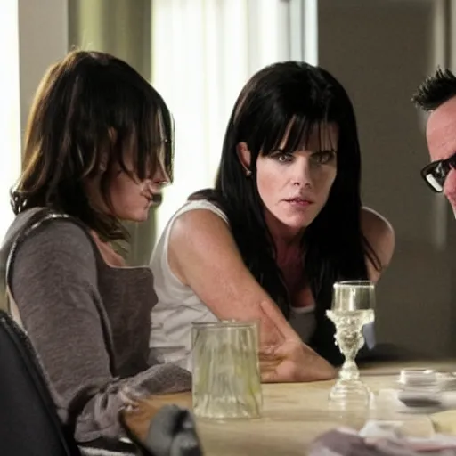 Image similar to high quality movie still of skinny actress Neve Campbell, actor David Arquette and actress Courteney Cox in Scream 5 (2013)