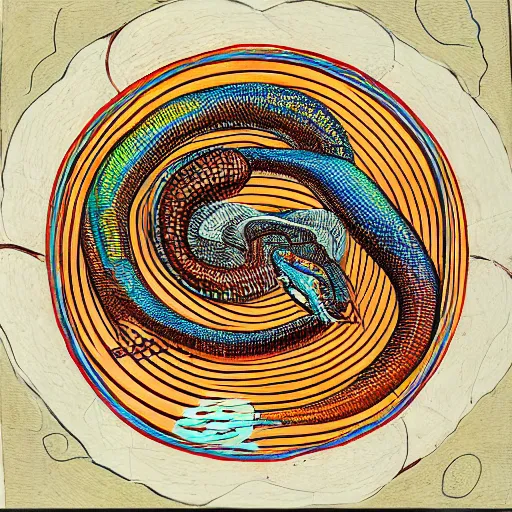 Prompt: ouroboros snake biting its own tail in a circle, tinted colours, highly detailed scales and head, painting in the style of Mark Grotjahn,