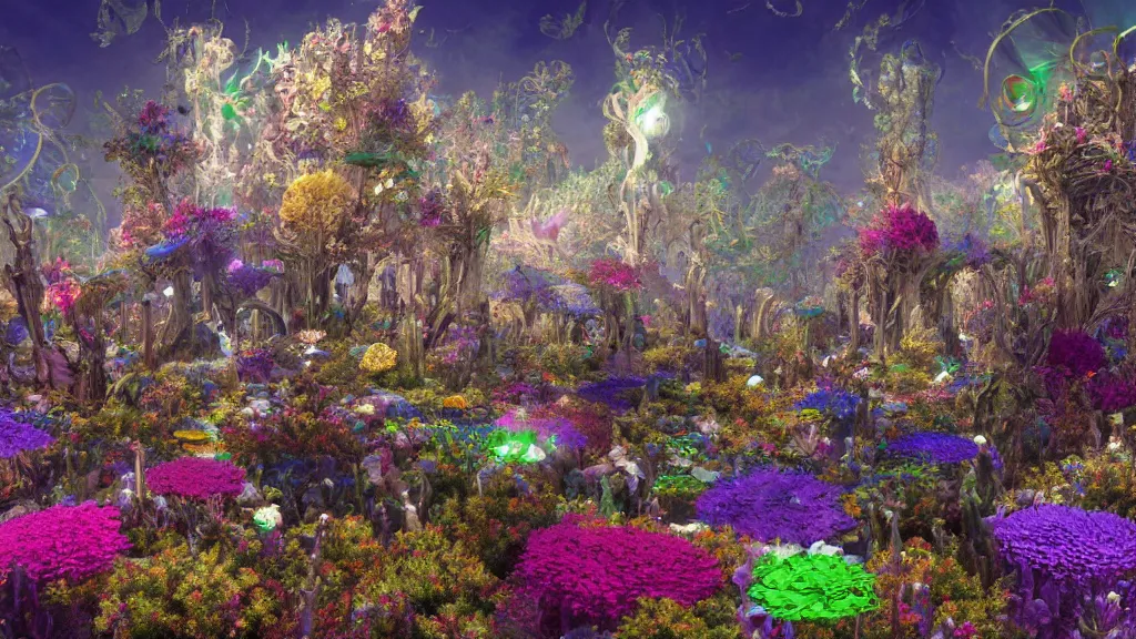 Image similar to a centered render of intricate modular synthesizer of dargon, shining its light across a tumultuous sea of flowers, undersea animals and one gothic crystal temple by dorothea tanning and salvador dali, trending on artstation, cyber punk, soft color, unreal engine, high detailed, 8 k