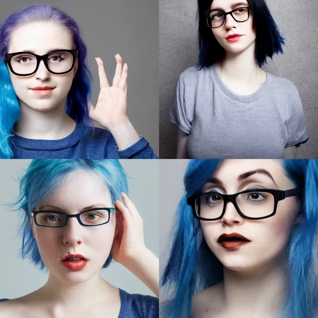 Prompt: an alternative young woman with messy blue hair, pale, black glasses